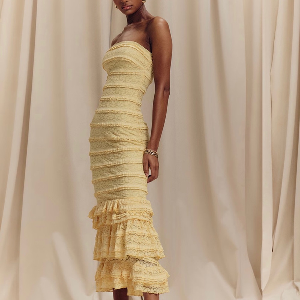 PrettyLittleThing Yellow Ruched Strapless Dress